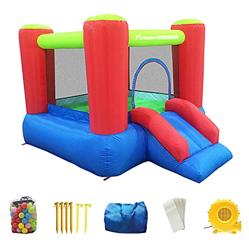 PicassoTiles KC106 8x7 Foot Junior Inflatable Bouncer, Jumping Bouncing House, Jump Slide Playhouse w/ 50 Pit Balls, 3 Sides Mesh Protection, and Heavy-Duty GFCI ETL Certified 385W Blower